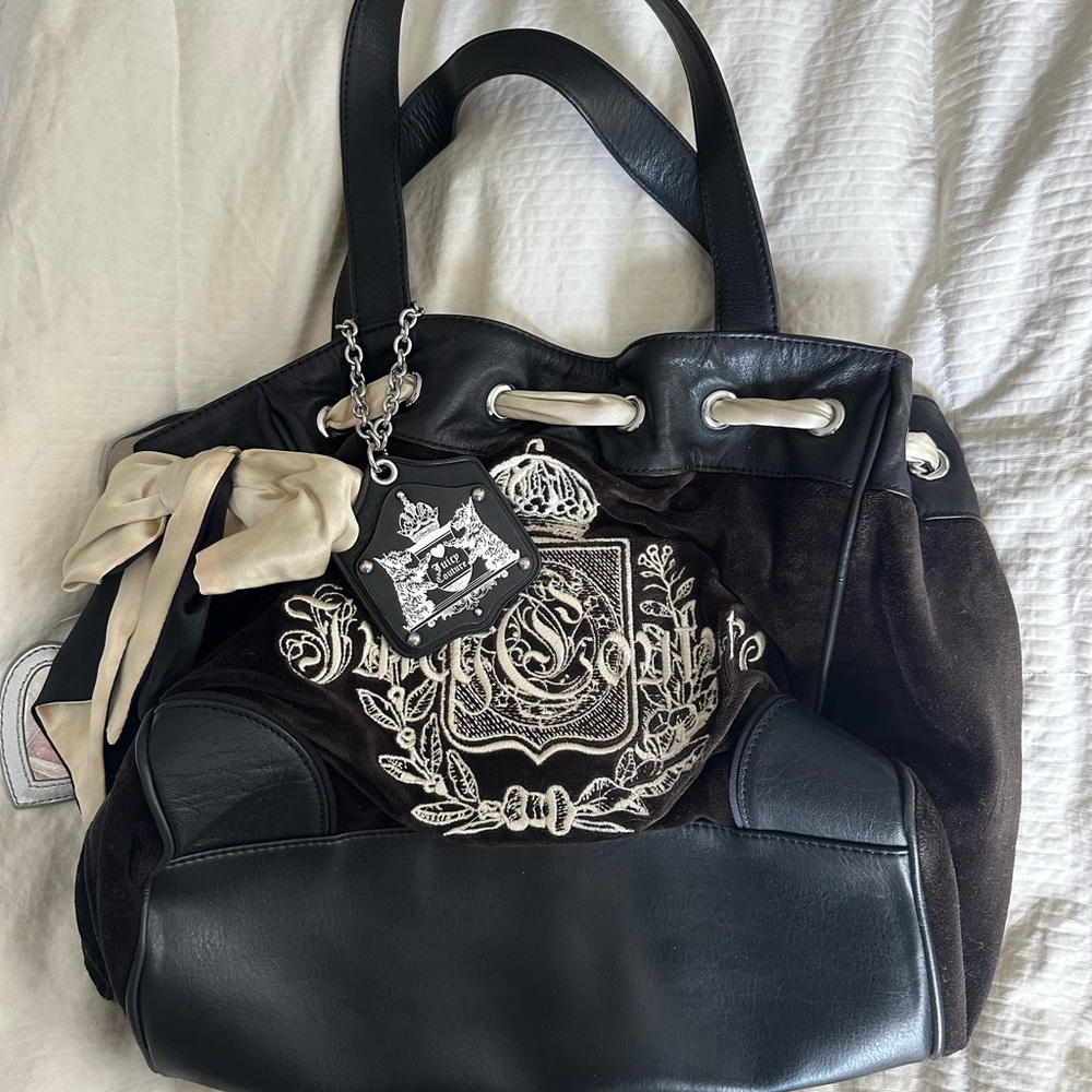 Juicy Couture Black and Brown Shoulder Bag with Embroidered Crest